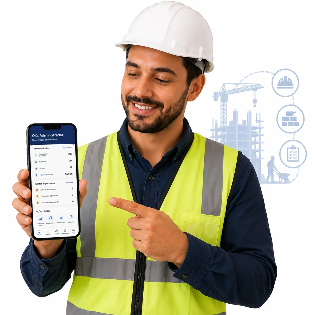 Trabalhador da construção civil registrando o ponto no canteiro de obras com o Ponto Fácil