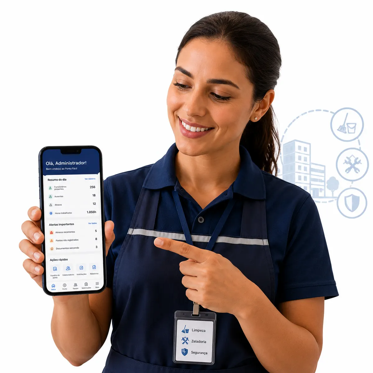 Profissional de empresa de facilities registrando o ponto pelo aplicativo Ponto Fácil
