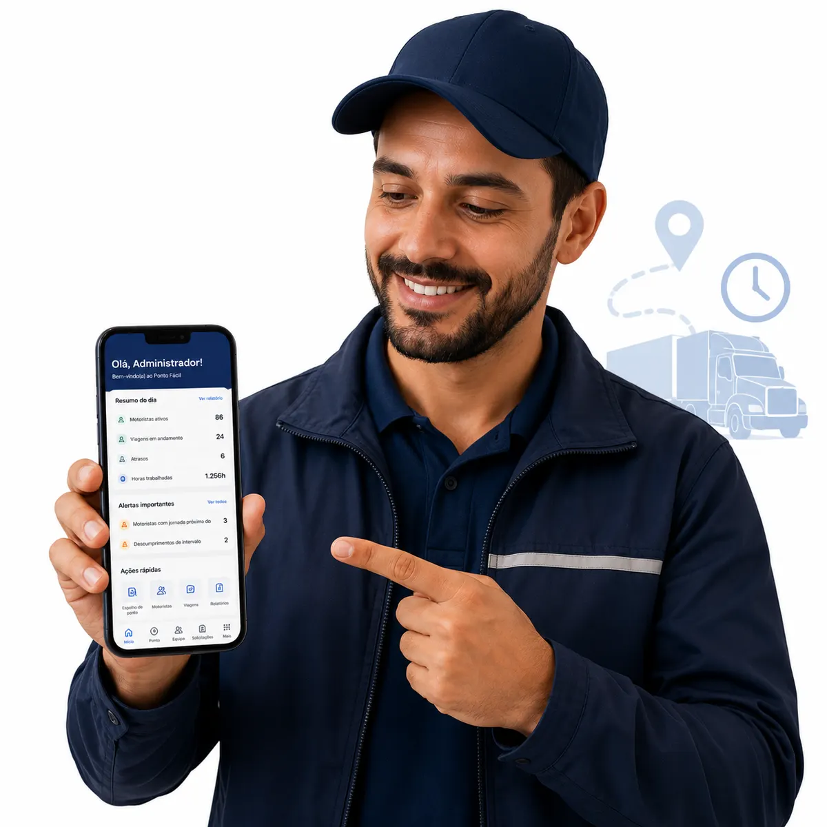 Motorista de transportadora registrando o ponto pelo aplicativo Ponto Fácil